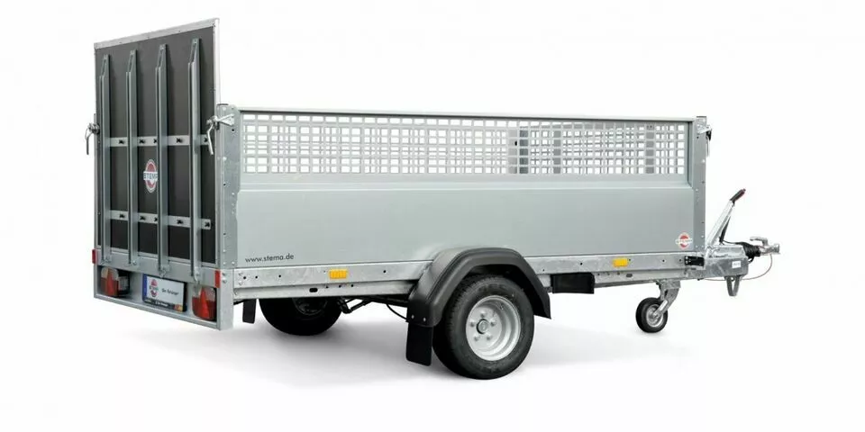 Kippanhänger Stema MUT1300 – Gitteraufsatz, für Auto- und Motorradtransport, 100 km/h